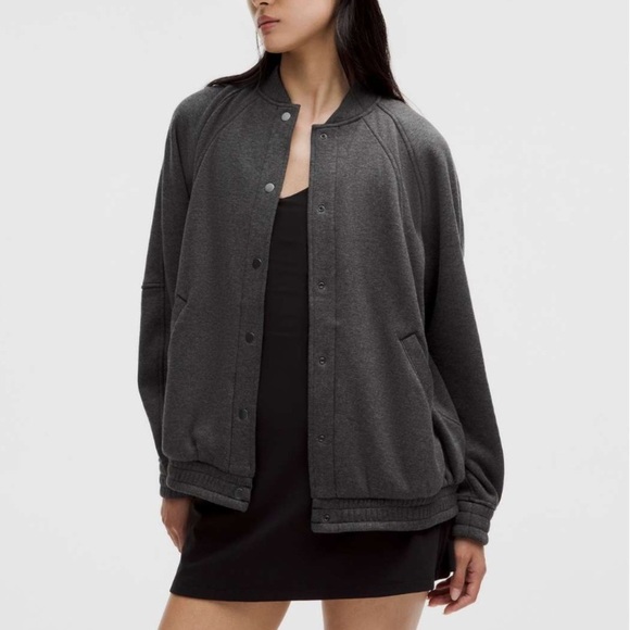Lululemon Athletica Heathered Black Varsity Jacket with Ribbed Cuffs - Picture 1 of 6